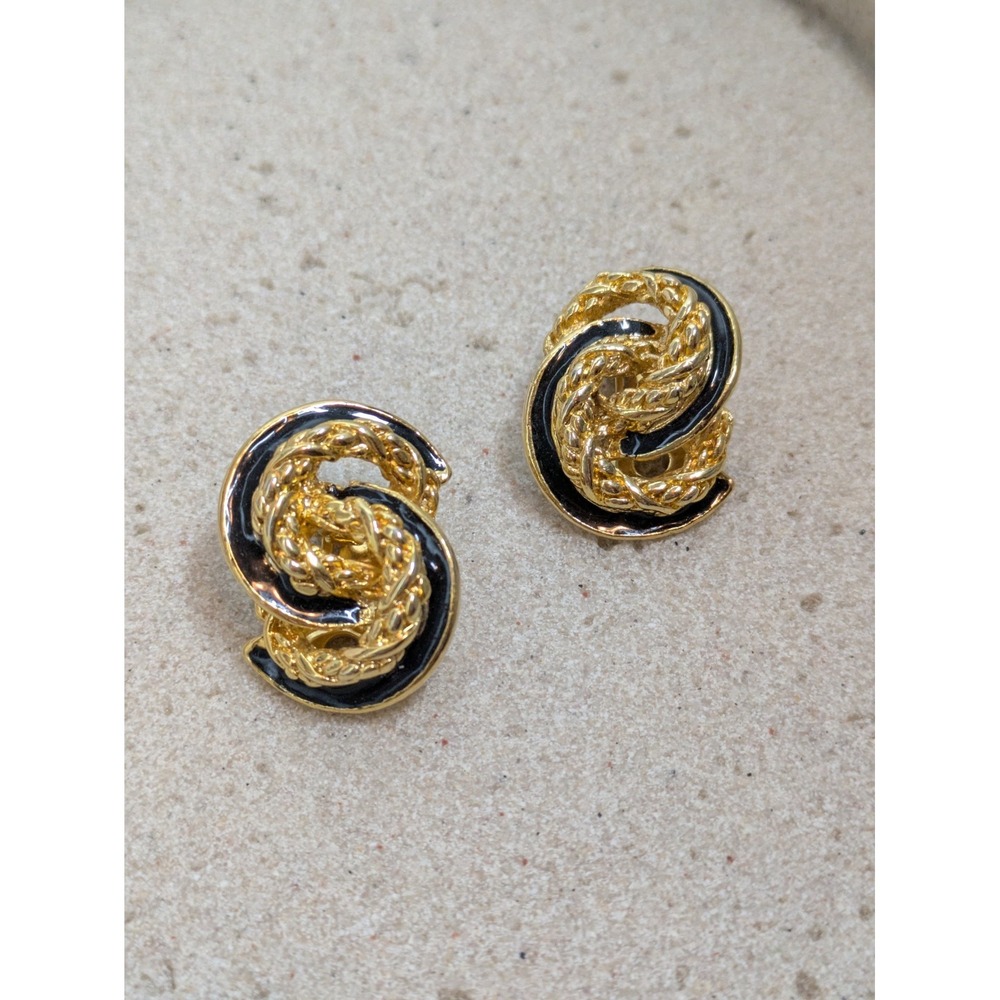 Vintage 90s Black Enamel Gold Tone Twisted Rope Knot Clip On Earrings Studs